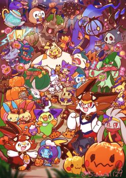 alcremie bow bright_pupils brown_eyes calyrex candy chandelure cinderace cupcake drifloon duskull espurr evolutionary_line fire food gen_1_pokemon gen_2_pokemon gen_3_pokemon gen_4_pokemon gen_5_pokemon gen_6_pokemon gen_7_pokemon gen_8_pokemon gengar gimmighoul gokuaku_rabbit goomy green_hair grookey halloween halloween_costume hat highres hood hoodie jack-o'-lantern lamp legendary_pokemon litwick lollipop mask meowscarada milcery mimikyu minun misdreavus morpeko morpeko_(full) nintendo outdoors phantump pichu pikachu piplup plusle pokemon pokemon_(creature) pumpkaboo pumpkin raboot rotom rowlet scorbunny smile snorlax sobble sprigatito starter_pokemon_trio telekinesis tree trevenant twitter_username white_pupils yamask