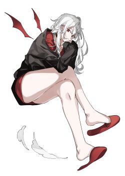 1girl absurdres black_choker black_jacket choker closed_mouth cococall demon_wings detached_wings ear_piercing fingernails floating full_body genderswap genderswap_(mtf) hair_between_eyes highres jacket long_fingernails long_hair long_sleeves looking_at_viewer mole mole_under_eye nail_polish nijisanji off_shoulder partially_unzipped piercing pointy_ears red_eyes red_nails red_shirt red_slippers red_wings sanya_(2nd_costume)_(kuzuha) sanya_(kuzuha) shirt sidelocks simple_background sleeves_past_wrists slippers solo track_jacket virtual_youtuber wavy_hair white_background white_hair wings