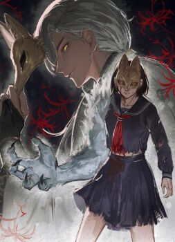 Rule 34 | 1boy, 1girl, black serafuku, blood, bloody tears, claws, flower, fox hinako, fox mask, fox mask (silent hill), glowing, glowing eyes, highres, mask, midriff, mismatched arms, monster arm, okuta dayo, removing mask, sailor collar, school uniform, serafuku, shimizu hinako, silent hill (series), silent hill f, spider lily, spoilers, torn clothes, yellow eyes