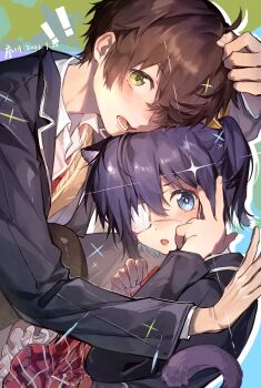 ! !! 1boy 1girl animal_ears black_jacket blazer blue_eyes brown_hair cat_ears cat_girl chuunibyou_demo_koi_ga_shitai! collared_shirt dated eyepatch green_eyes hair_over_one_eye highres icho_private_high_school_uniform jacket kemonomimi_mode long_sleeves looking_at_viewer lower_teeth_only medical_eyepatch open_mouth plaid_clothes plaid_skirt purple_hair red_skirt school_uniform shirt short_hair skirt takanashi_rikka teeth togashi_yuuta white_shirt xuchuan