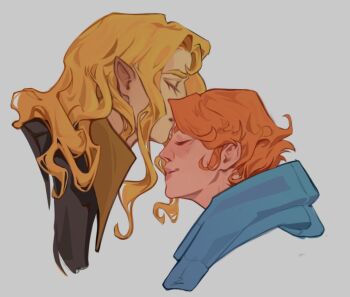 1boy 1girl alucard_(castlevania) artadventureg blonde_hair blue_scarf castlevania_(netflix) castlevania_(series) closed_eyes couple grey_background hetero kiss kissing_forehead long_hair orange_hair parted_bangs pointy_ears scarf short_hair sidelocks smile sypha_belnades upper_body