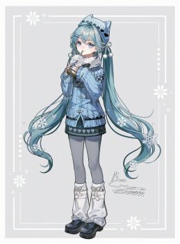 1girl animal_hat aqua_hair black_bow black_bowtie black_shoes blue_cardigan blue_eyes blue_hat blue_nails bow bowtie cardigan cat_hat commentary_request cup dated disposable_cup double-parted_bangs drinking drinking_straw full_body green_skirt grey_pantyhose hair_ornament hairclip hands_up hat hatsune_miku heart heart_print highres holding holding_cup leg_warmers long_hair long_sleeves memory_mie nail_polish neck_fur pantyhose pom_pom_(clothes) pom_pom_hair_ornament shoes signature skirt sleeves_past_wrists snowflakes solo standing twintails very_long_hair vocaloid