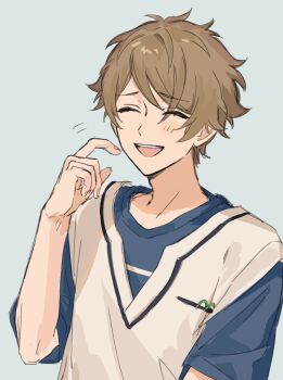 Rule 34 | 1boy, brown hair, chinese commentary, closed eyes, commentary request, ensemble stars!, fingernails, fua1heyvot4ifsr, hand up, highres, layered clothes, male focus, mixed-language commentary, open mouth, partial commentary, short hair, short sleeves, simple background, smile, solo, takamine midori, teeth, upper body, upper teeth only, v-neck