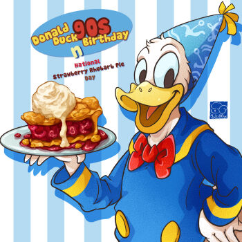 1boy artist_logo artist_name beak bird bird_boy blue_sailor_collar bow character_name disney donald_duck duck duck_boy food food_name hat highres holding holding_plate logo male_focus mickey_mouse_&amp;_friends open_mouth party_hat pie pie_slice plate red_bow sailor_collar sailor_shirt shirt strawberry_rhubarb_pie striped_background yuki00yo