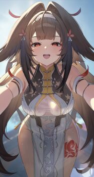 1girl absurdres animal_ear_fluff animal_ears armlet bare_shoulders blurry blurry_background blush breasts brown_hair chinese_clothes clover clover_hair_ornament commentary_request cowboy_shot hair_flaps hair_ornament hairband half-closed_eyes highres jewelry large_breasts leaning_forward leotard long_hair open_mouth partial_commentary pelvic_curtain red_eyes silver_armlet solo sweat unnunal_(unneonal) very_long_hair white_hairband white_leotard ye_shunguang zenless_zone_zero