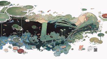 1girl absurdres black_dress closed_eyes dress flower from_side green_hair highres ka_(996beshi) lily_pad long_hair long_sleeves lying on_back original own_hands_together plant qr_code signature solo