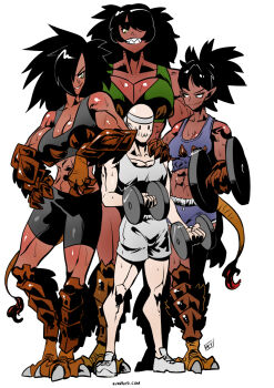 1boy 3girls :3 abs animal_hands animal_legs bare_shoulders bike_shorts black_hair black_sports_bra breasts collarbone commentary dark-skinned_female dark_skin dumbbell english_commentary exercising fire flame-tipped_tail full_body grey_headband grin headband height_difference highres holding holding_dumbbell kukuruyo large_breasts long_hair monster_girl multiple_girls muscular muscular_female muscular_male original pointy_ears scales sharp_teeth short_shorts shorts simple_background smile sports_bra standing sweat tail tall_female teeth weightlifting white_background you_gonna_get_raped