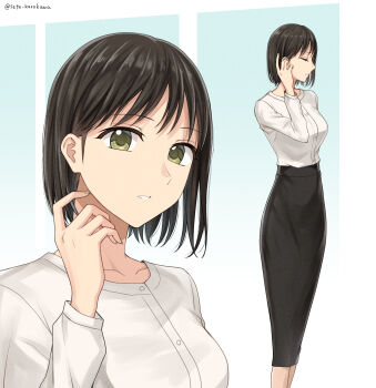 1girl artist_name black_hair commentary_request commission from_side green_eyes highres long_skirt long_sleeves looking_at_viewer multiple_views office_lady original pencil_skirt pixiv_commission setu_kurokawa shirt short_hair skirt standing twitter_username watermark white_shirt