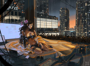 1girl arm_support artist_name asymmetrical_gloves bag black_gloves black_hair breasts building city cleavage commentary commission computer english_commentary fingerless_gloves fishnet_thighhighs fishnets flower glasses gloves hair_flower hair_ornament handbag headphones high_heels highres laptop large_breasts long_hair navel night original paid_reward_available sitting solo tatti_art thighhighs uneven_gloves variant_set window yokozuwari