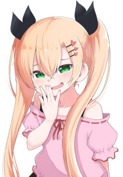 1girl blonde_hair fang fingernails green_eyes hair_ornament hairclip hand_to_own_mouth hand_up heart heart_hair_ornament highres long_hair looking_at_viewer mesugaki mesugaki_pose mukunoki_nanatsu open_mouth original pink_shirt raised_inner_eyebrows shirt simple_background smug solo twintails upper_body white_background