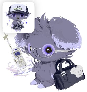 1other bag baseball_cap cellphone cup disposable_cup drinking drinking_straw espurr flip_phone gen_6_pokemon glasses grey_fur handbag hat highres looking_at_viewer multiple_views natsumekan nintendo phone pokemon pokemon_(creature) pokemon_focus purple_eyes semi-rimless_eyewear sitting solo sparkle