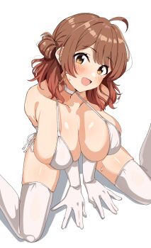1girl absurdres ahoge bare_shoulders bikini blush breasts brown_eyes brown_hair choker cleavage collarbone commentary_request elbow_gloves gakuen_idolmaster gloves gradient_hair hair_rings hanami_ume highres huge_breasts idolmaster looking_at_viewer medium_hair multicolored_hair open_mouth revision seihekiog single_hair_ring sitting smile solo sweat swimsuit thighhighs thighs two-tone_hair wariza white_background white_bikini white_choker white_gloves white_thighhighs