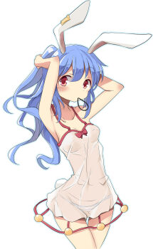 Rule 34 | 1girl, absurdres, animal ears, armpits, arms up, blue hair, blush, breasts, chemise, collarbone, cowboy shot, earclip, female focus, floppy ears, highres, long hair, looking at viewer, medium breasts, mouth hold, mukuroi, no bra, panties, ponytail, rabbit ears, rabbit tail, red eyes, see-through clothes, see-through silhouette, seiran (touhou), simple background, small breasts, solo, striped clothes, striped panties, tail, tareme, thigh gap, touhou, tying hair, underwear, white background