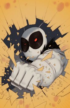 1boy absurdres antennae bodysuit clenched_hand devilhs highres looking_at_viewer mighty_moth_(devilhs_art) original punching red_eyes solid_eyes solo superhero_costume upper_body white_bodysuit white_mask