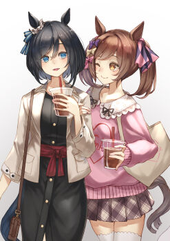 Rule 34 | 2girls, animal ears, bag, black dress, black hair, blue eyes, blush, bob cut, bow, breasts, brown eyes, brown hair, brown skirt, casual, closed mouth, commentary request, cup, disposable cup, dress, ear ribbon, ear scrunchie, eishin flash (casual) (umamusume), eishin flash (umamusume), hair between eyes, hair bow, hair ornament, highres, holding, holding cup, horse ears, horse girl, horse tail, jacket, long hair, long sleeves, multiple girls, one eye closed, parted lips, pink bow, pink shirt, pink sweater, plaid clothes, plaid skirt, purple bow, scrunchie, shirt, short hair, shoulder bag, simple background, skirt, smart falcon (casual) (umamusume), smart falcon (umamusume), smile, sweater, swept bangs, tail, thighhighs, twintails, umamusume, white jacket, white scrunchie, white thighhighs, yellow bow, yu ni t