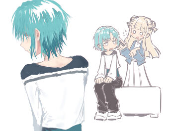 2girls aqua_hair black_pants blue_jacket blunt_bangs blush collared_dress comb commentary crop_top cropped_shirt d4dj double_bun dress flying_sweatdrops from_behind fukushima_noa hair_bun hanamaki_towa highres holding holding_comb jacket jitome long_hair long_sleeves looking_at_another multiple_girls multiple_views nape o_o open_clothes open_jacket open_mouth pants polo_dress shirt short_hair sidelocks simple_background sitting white_background white_dress white_shirt yukitake_(bullfalk)