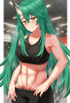 1girl abs absurdres arknights bare_shoulders black_shorts black_sports_bra breasts cleavage clothes_pull collarbone commentary_request cowboy_shot crossed_bangs green_hair grin groin hair_between_eyes highres horns hoshiguma_(arknights) indoors large_breasts light_blush long_hair looking_at_viewer midriff navel nishida_yuuto oni pulling_own_clothes shorts shorts_pull sidelocks single_horn skin-covered_horns smile solo sports_bra standing sweat yellow_eyes