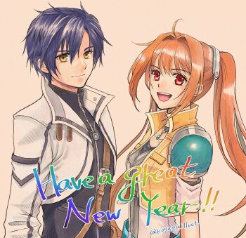 1boy 1girl ahoge antenna_hair armor blue_hair breasts brown_background brown_hair closed_mouth commentary_request cropped_jacket eiyuu_densetsu english_text estelle_bright floating_hair hair_between_eyes hair_intakes happy_new_year high_collar highres jacket joshua_bright koyagistock long_hair looking_at_viewer new_year open_mouth parted_bangs pauldrons pendant_choker red_eyes sen_no_kiseki sen_no_kiseki_(series) sen_no_kiseki_iv short_hair short_sleeves shoulder_armor simple_background single_pauldron small_breasts smile twintails twitter_username upper_body wing_collar yellow_eyes