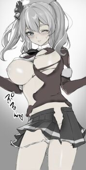 1girl blue_eyes blush breasts breasts_out burnt_clothes capelet closed_mouth commentary_request cowboy_shot fur-trimmed_sweater fur_trim grey_hair hair_ornament kantai_collection kashima_(christmas)_(kancolle) kashima_(kancolle) large_breasts long_hair long_sleeves looking_at_viewer neju nipples no_bra one_eye_closed panties pleated_skirt red_sweater side-tie_panties skirt solo string_panties sweater tears torn_clothes torn_skirt torn_sweater twintails underwear untied_panties wavy_hair