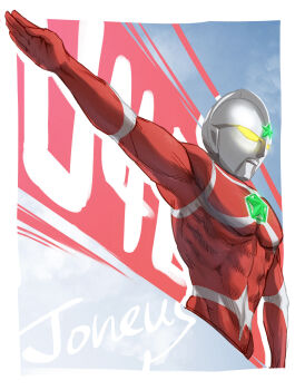 1boy abs absurdres alien blue_sky border character_name cloud cloudy_sky color_timer colored_skin commentary cropped_torso dorsal_fin english_text from_side giant giant_male glowing glowing_eyes green_star highres ks_(minusks) large_pectorals looking_ahead male_focus multicolored_skin muscular muscular_male outstretched_arm pectorals red_background red_skin ribs sky solo standing star_(symbol) the_ultraman_(anime) tokusatsu two-tone_skin ultra_series ultraman_joneus white_border white_skin yellow_eyes