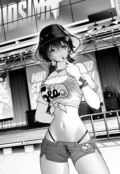 1girl absurdres anissa047 arm_behind_back bare_shoulders belle_(summer_skies)_(zenless_zone_zero) belle_(zenless_zone_zero) bikini bikini_bottom_under_shorts bikini_top_under_shirt bikini_under_clothes black_nails breasts bucket_hat closed_mouth collarbone commentary cowboy_shot crossed_bangs earrings english_commentary finger_to_mouth fingernails fish_hat greyscale hair_between_eyes hair_ornament hat highres jewelry letter_hair_ornament medium_breasts midriff mismatched_earrings monochrome navel off-shoulder_shirt off_shoulder official_alternate_costume outdoors see-through_clothes see-through_shirt shirt short_hair shorts solo speaker sphere_hair_ornament swimsuit tied_shirt zenless_zone_zero