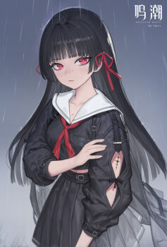 1girl arm_cutout bad_id bad_pixiv_id black_hair black_serafuku black_shirt black_skirt chisa_(wuthering_waves) closed_mouth clothing_cutout collarbone commentary_request hair_ribbon highres ki_min-woo logo long_sleeves looking_at_viewer neckerchief rain red_eyes red_neckerchief red_ribbon ribbon sailor_collar school_uniform serafuku shirt skirt solo tacet_mark_(wuthering_waves) white_sailor_collar wuthering_waves