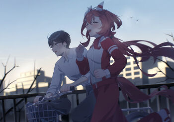 Rule 34 | 1boy, 1girl, absurdres, animal ears, auklet5580, bicycle, bird, black hair, blush, breasts, closed eyes, collared shirt, commentary request, ear covers, ear ornament, feather hair ornament, feathers, glasses, hair between eyes, hair ornament, highres, horse ears, horse girl, horse tail, jacket, long hair, long sleeves, low twintails, open mouth, outdoors, pants, red hair, red jacket, red pants, red track suit, riding, riding bicycle, running, shirt, short hair, sky, smile, tail, tracen training uniform, track jacket, track pants, track suit, trainer (umamusume), twintails, umamusume, white shirt, win variation (umamusume)