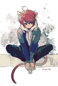 1boy ahoge animal_ears aqua_jacket black_hair black_pants blue_eyes blue_jacket cat_boy cat_ears cat_tail closed_mouth drawstring expressionless full_body grey_shoes hair_between_eyes hands_on_own_feet highres hood hood_down hoodie jacket jacket_over_hoodie kemonomimi_mode long_sleeves lucky_small_pride male_focus multicolored_hair multicolored_jacket open_clothes open_jacket pants red_hair shoes short_hair sitting solo sparkle streaked_hair sumino_takumi tail the_hundred_line_-last_defense_academy- two-tone_hair two-tone_jacket white_hoodie