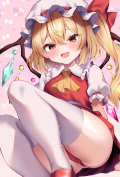 1girl :d absurdres arm_at_side ascot blonde_hair blush bow commentary_request crystal_wings fang feet_out_of_frame flandre_scarlet frilled_sleeves frills hair_between_eyes hat hat_bow highres knees_up legs_together long_hair looking_at_viewer miniskirt mob_cap no_panties open_mouth paid_reward_available pink_background pleated_skirt puffy_short_sleeves puffy_sleeves red_bow red_eyes red_skirt red_vest shirotsuki_shirone shirt short_sleeves side_ponytail simple_background sitting skin_fang skirt smile solo thighhighs thighs touhou vest white_hat white_shirt white_thighhighs wings yellow_ascot