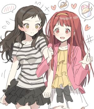 2girls black_skirt blush brown_eyes brown_hair closed_mouth cowboy_shot frilled_skirt frills hairband hano9789 heart highres holding_another&#039;s_arm idolmaster idolmaster_million_live! image_in_speech_bubble jacket kitazawa_shiho long_hair long_sleeves multiple_girls open_mouth pink_jacket pointing red_eyes red_hair shirt short_sleeves side-by-side simple_background skirt standing striped_clothes striped_shirt stuffed_animal stuffed_cat stuffed_toy tanaka_kotoha white_background yuri