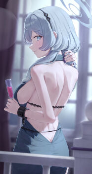 1girl absurdres ako_(blue_archive) ako_(dress)_(blue_archive) arm_behind_back ass backless_dress backless_outfit bare_back blue_archive blue_dress blue_eyes blue_hair blue_halo blush breasts butt_crack champagne_flute closed_mouth commentary_request cup dress drinking_glass fingernails from_behind halo highres holding holding_cup huran_tea large_breasts long_hair looking_at_viewer looking_back nail_polish purple_nails sideboob sideless_dress solo