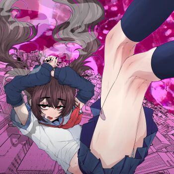 Rule 34 | 1girl, absurdres, album cover, arm warmers, arms up, bandaid, bandaid on cheek, bandaid on face, bandaid on leg, blue arm warmers, blue skirt, brown hair, cigarette, commentary, cover, english commentary, falling, feet out of frame, floating hair, hair between eyes, highres, holding, holding cigarette, kneepits, legs up, long hair, looking at viewer, mayoa, midair, miniskirt, mole, mole on thigh, neckerchief, open mouth, original, panties, panty peek, pink background, pleated skirt, red eyes, red neckerchief, shirt, skirt, smoke, smoke trail, smoking, solo, twintails, underwear, white shirt