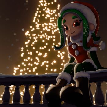 1girl arm_support blush boots breasts brown_boots capelet christmas christmas_lights christmas_tree dress fur-trimmed_boots fur-trimmed_capelet fur-trimmed_dress fur-trimmed_headwear fur_trim gloves green_gloves green_hair green_pantyhose hat long_hair looking_at_viewer medium_breasts nintendo octoling octoling_girl octoling_player_character octopus_girl pantyhose pointy_ears pom_pom_(clothes) railing red_capelet red_dress red_eyes red_hat santa_costume santa_dress santa_hat short_sleeves sitting smile snow soandnb splatoon_(series) tentacle_hair tree