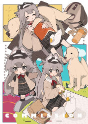 Rule 34 | 1girl, animal, animal ear fluff, animal ears, backpack, bag, bird, blush, blush stickers, book, bow, bowtie, bread, burger, cardigan, chibi, closed eyes, collared shirt, commission, dog, dog ears, dress, drooling, duck, food, grey eyes, grey hair, hairband, highres, holding, holding food, jacket, leaning on object, long hair, long sleeves, lying, mouth drool, multiple views, neck ribbon, on back, open cardigan, open clothes, open jacket, open mouth, original, parted lips, picnic, plaid, plaid dress, plaid skirt, red bow, red bowtie, red ribbon, ribbon, sandwich, shirt, short eyebrows, sitting, skirt, sleeping, sleeves past wrists, socks, squirrel (jjjjmmn err), tail, thick eyebrows, very long hair, yuzuriha (yuzuliha yuli)