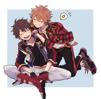 2boys akehoshi_subaru belt black_pants black_shirt boots brown_hair closed_eyes commentary ensemble_stars! facing_another full_body hair_between_eyes heart highres invisible_floor jacket leaning_forward long_sleeves male_focus mitobinyo morisawa_chiaki multicolored_jacket multiple_boys open_clothes open_jacket open_mouth orange_belt orange_hair pants pants_tucked_in plaid_clothes plaid_jacket red_boots red_jacket shirt short_hair sitting smile speech_bubble spoken_heart white_pants white_shirt yaoi