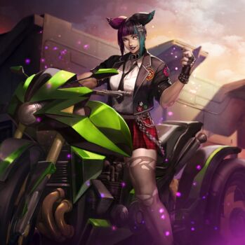 belt black_lips bone brick_wall cloud cloudy_sky crazy_eyes crazy_smile hair_ornament hairclip han_juri handlebar impossible_hair jacket motor_vehicle motorcycle multicolored_hair necktie official_alternate_costume official_art pantyhose school_uniform skirt sky smile street_fighter studded_gloves torn_clothes torn_pantyhose two-tone_hair wheel