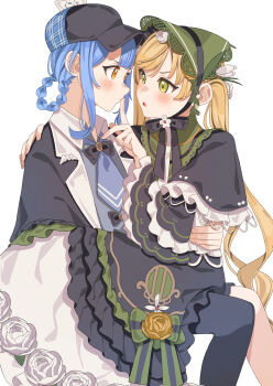2girls 55szt black_capelet black_dress black_hat blonde_hair blue_hair blue_necktie braid braided_hair_rings capelet commentary_request deerstalker dress eye_contact feet_out_of_frame finger_to_another&#039;s_mouth frilled_dress frilled_sleeves frills green_bonnet green_eyes hair_rings hat highres lolita_fashion long_hair long_sleeves looking_at_another mahou_shoujo_no_majo_saiban multiple_girls necktie open_mouth short_hair simple_background sitting sitting_on_lap sitting_on_person tachibana_sherry tono_hanna twintails yellow_eyes yuri