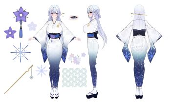 1girl absurdres akamin435 blue_eyes blue_sash breasts commentary english_commentary flower full_body furisode hair_ornament hair_stick highres japanese_clothes kimono large_breasts light_blush long_hair long_sleeves multiple_views obi okobo original platform_sandals purple_flower reference_sheet sandals sash simple_background snowflake_print socks standing tabi turnaround white_background white_hair white_kimono white_socks wide_sleeves yukata yuki_onna