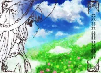 Rule 34 | 1girl, 2fulun, blue sky, bow, chii, chobits, cloud, day, double exposure, from side, hat, hat bow, highres, light smile, lineart, long hair, profile, sky, solo, upper body