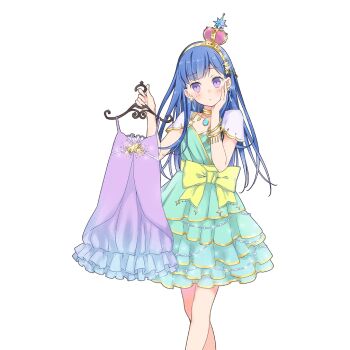 1girl aqua_dress blue_hair bracelet clothes_hanger cropped_jacket crown dress frilled_dress frills gold_choker gold_hairband green_ribbon hair_ornament hairband hand_on_own_cheek hand_on_own_face holding holding_clothes_hanger jacket jewelry long_hair mini_crown necklace puffy_short_sleeves puffy_sleeves purple_dress purple_eyes ribbon riona_(uchihime) short_sleeves star_(symbol) star_hair_ornament uchi_no_hime-sama_ga_ichiban_kawaii waist_ribbon white_jacket