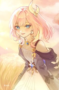 1girl bare_shoulders blue_eyes breasts cloud coat cyrene_(honkai:_star_rail) cyrene_(philia093)_(honkai:_star_rail) dress hair_ornament hashtag-only_commentary highres honkai:_star_rail honkai_(series) jewelry looking_at_viewer multicolored_hair necklace outdoors pink_hair pink_sky plzzzz purple_coat short_hair sky small_breasts smile solo twitter_username two-tone_hair wheat wheat_field white_dress white_hair