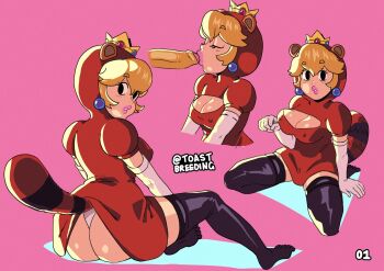 1boy 1girl ass ass_focus blonde_hair breasts cleavage cleavage_cutout clothing_cutout earrings fellatio hetero highres jewelry lipstick makeup mario_(series) medium_breasts nintendo nipples oral penis pink_background princess_peach signature super_mario_3d_world tanooki_peach tanuki_ears tanuki_peach tanuki_suit raccoon_tail toastbreeding uncensored