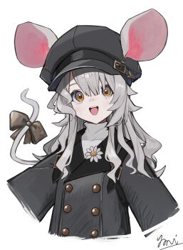 1girl absurdres animal_ears black_bow black_coat black_hat bow brooch brown_eyes buckle buttons coat derinhi1123 double-breasted ears_through_headwear flower_brooch grey_hair hat highres jewelry lapels long_hair mouse_ears mouse_girl mouse_tail newsboy_cap open_mouth original signature simple_background solo tail tail_bow tail_ornament white_background