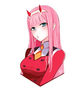 1girl artist_name blunt_bangs breasts cropped_torso darling_in_the_franxx green_eyes hairband highres horns jacket lollipop_in_mouth long_hair looking_at_viewer medium_breasts necktie orange_necktie pink_hair red_horns red_jacket ryness short_necktie solo straight_hair very_long_hair white_hairband zero_two_(darling_in_the_franxx)
