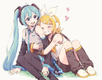 2girls ahoge aqua_hair aqua_nails aqua_necktie aqua_trim arm_tattoo black_leg_warmers black_shorts black_skirt blonde_hair blue_eyes blush breasts closed_eyes collared_shirt commentary detached_sleeves grey_shirt grin hair_between_eyes hair_ornament hatsune_miku heart highres hug kagamine_rin leg_warmers long_hair long_sleeves looking_at_another m0ti medium_breasts medium_hair miniskirt multiple_girls necktie number_tattoo open_mouth pleated_skirt shirt short_shorts shorts sitting skirt sleeveless sleeveless_shirt smile tattoo twintails very_long_hair vocaloid waist_hug wide_sleeves yellow_nails yellow_trim yuri