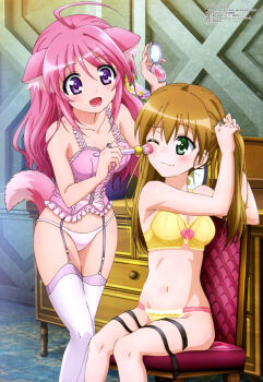 Rule 34 | 10s, 2015, 2girls, :d, ;3, absurdres, adjusting hair, ahoge, alternate hairstyle, animal ear fluff, animal ears, applying makeup, blush, bow, bow bra, bra, brown hair, bunching hair, chair, collarbone, compact (cosmetics), copyright name, cosmetics, dog days, dog ears, dog girl, dog tail, frills, garter straps, green eyes, hair between eyes, hair down, hashidate kana, highres, holding, holding compact, jewelry, long hair, makeup brush, megami magazine, millhiore f. biscotti, multiple girls, navel, official art, one eye closed, open mouth, panties, pink hair, purple eyes, rebecca anderson, ribbon, ring, scan, sitting, smile, standing, tail, thighhighs, underwear, underwear only, watermark, white legwear, white panties, yellow bra