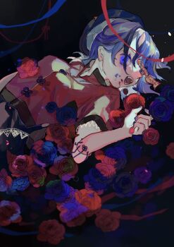 1girl amputee black_background black_skirt chinese_clothes commentary_request detached_arm eating_flower fingernails flower hat hat_ornament highres jiangshi looking_at_viewer lying miyako_yoshika newsboy_cap ofuda on_back open_mouth purple_eyes purple_flower purple_hair purple_nails purple_rose red_flower red_rose red_shirt rose shinjitsu_no_kuchi shirt short_hair short_sleeves skirt solo star_(symbol) star_hat_ornament tangzhuang touhou upper_body