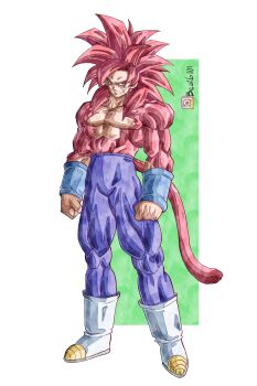 1boy absurdres bardock beatlo_(rodrigo38658978) blue_pants boots clenched_hands closed_mouth dragon_ball dragon_ball_daima dragonball_z full_body highres long_hair male_focus monkey_tail muscular muscular_male pants red_eyes red_fur red_hair red_tail scar scar_on_face simple_background solo spiked_hair tail topless_male white_background white_boots