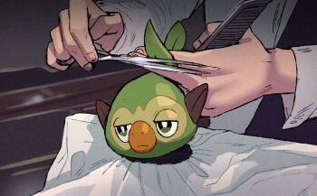 closed_mouth comb creature cutting_another's_hair cutting_hair film_grain gen_8_pokemon green_eyes grookey hairdressing highres holding holding_comb holding_scissors meme monkey nintendo oskar_vega pokemon pokemon_(creature) pokemon_swsh scissors solo_focus unamused