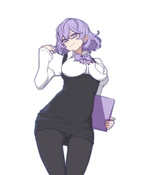 Rule 34 | 1girl, ayu (ddestiny944), black pantyhose, black skirt, breasts, closed mouth, cowboy shot, digimon, digimon story: cyber sleuth, digimon world re:digitize, glasses, highres, looking at viewer, medium breasts, mikagura mirei, overall skirt, pantyhose, purple eyes, purple hair, shirt, short hair, simple background, skirt, solo, white background, white shirt